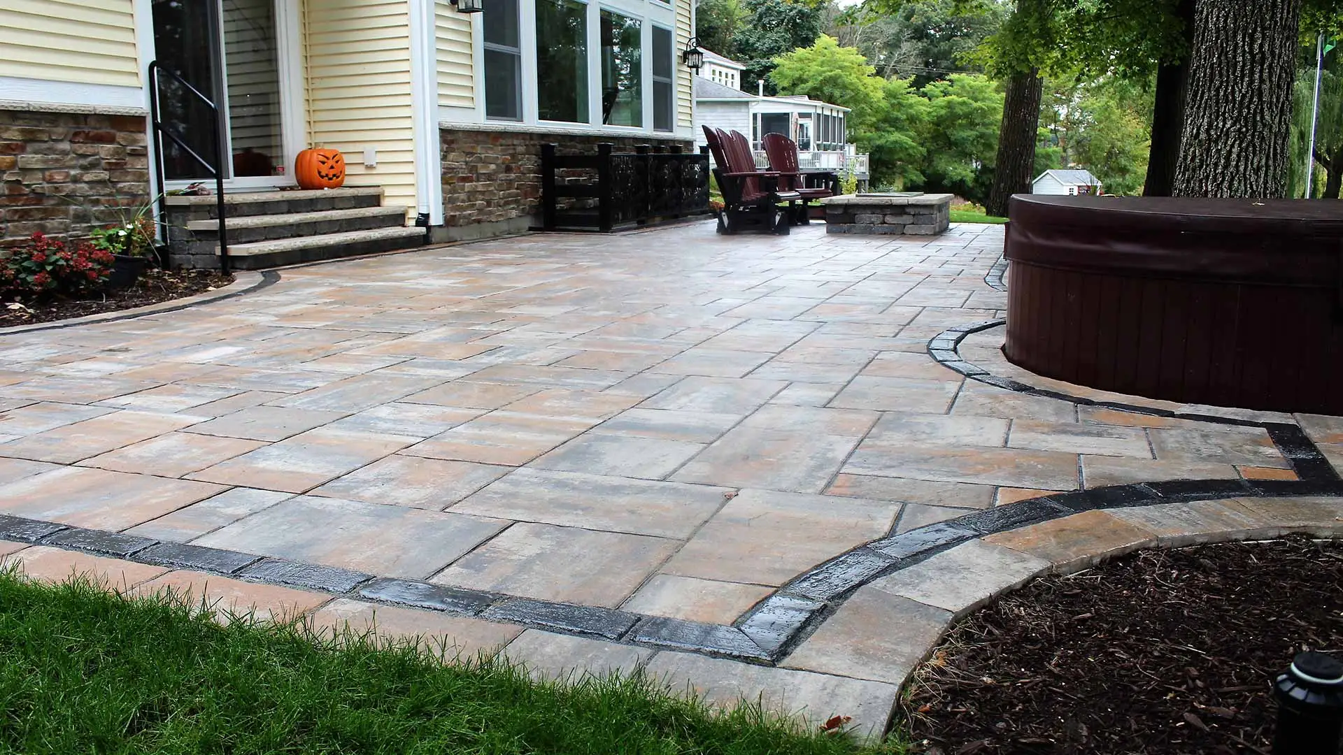 Custom stone patio recently installed at a home in Grand Rapids, MI.