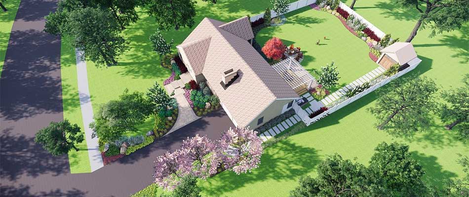 3D landscape design for a home property in Rockford, Michigan.