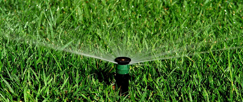 Irrigation sprinkler is watering a lawn of healthy green grass.