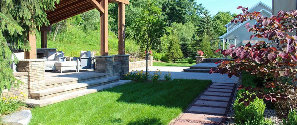 Pavilion with stone steps installed in Coopersville, MI.