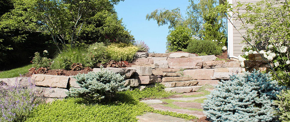 Landscape bed with natural outdoor steps installed in Cedar Springs, MI.